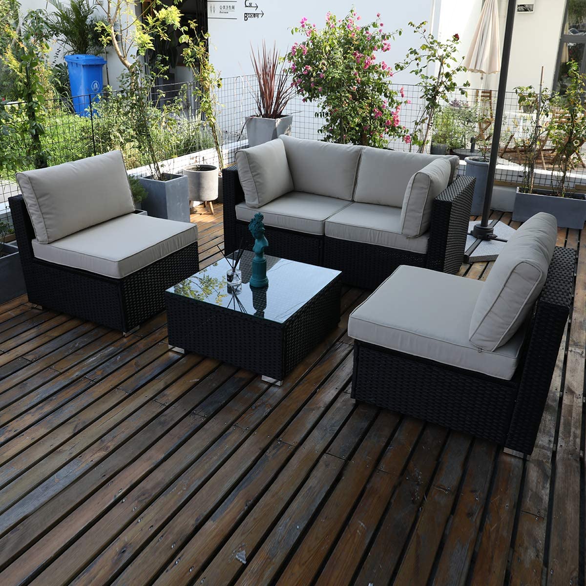 DIMAR garden Outdoor Coffee Table with Tempered Glass Top Wicker Patio Furniture Sets Rattan Sectional Small Table (Black 19.7in)