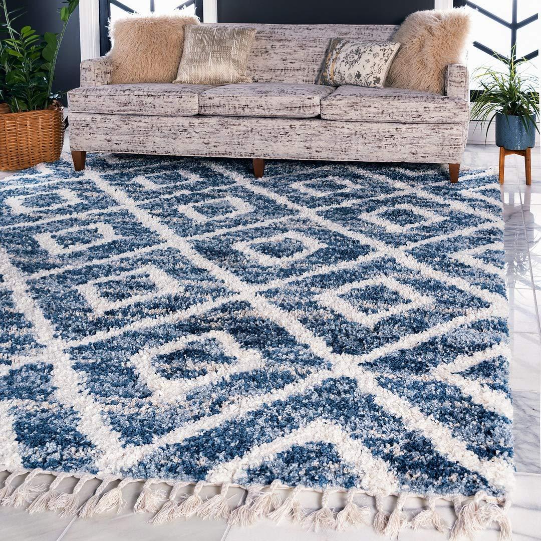 Lattice Tassel Blue Ivory Beige Plush Shag Area Rugs