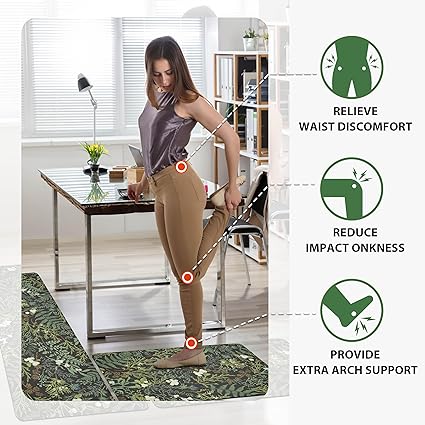 Black Green Botanical Kitchen Rugs Set of 2 2/5" Thick Leather Carpet for Laundry Office Sink(17.3" x28" + 17.3" x 47"