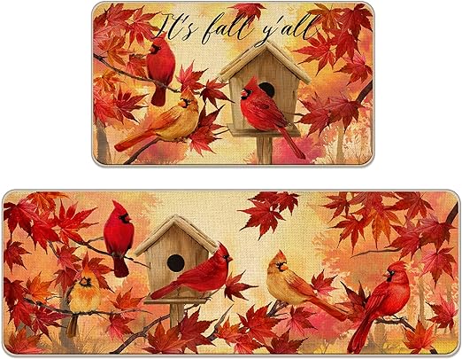 It's Fall Y'all Cardinal Red Birds Kitchen Rugs Set of 2 - 17x29 and 17x47 Inch