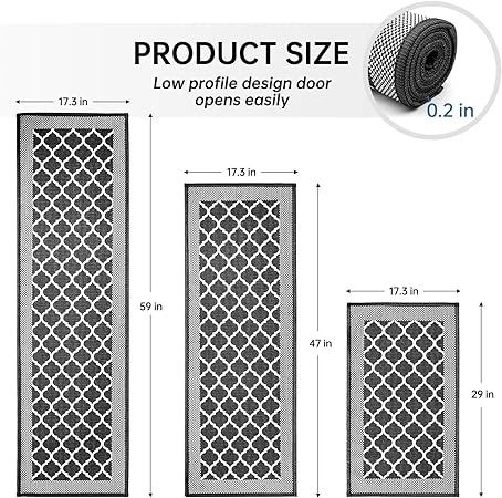 Absorbent Non Skid Washable Set of 3 PCS, Farmhouse Weave Floor Mats in Front of Sink, 17.3"x 59"+17.3"x 47"+17.3"x 29" (Black)