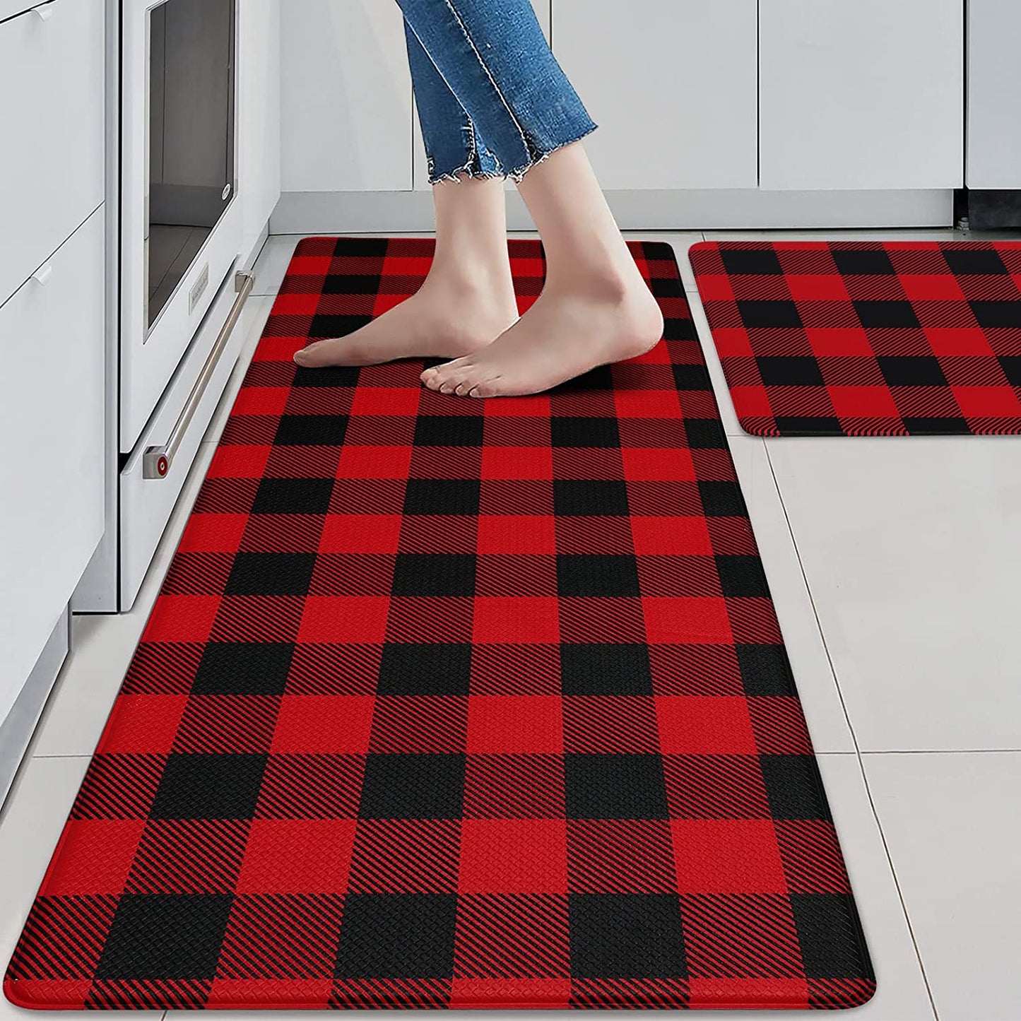 2 PCS Anti Fatigue Non Skid Waterproof Cushioned Black and White Kitchen Rugs