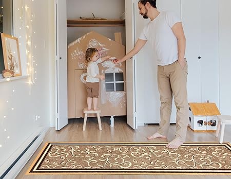 Floral Design Non Slip Rubber Back Kitchen Mat Carpet (Brown, Runner (2'x10')