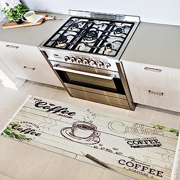 Machine Washable Wrinkle Free Coffee Cup Design Cotton 2 x 5 Kitchen Runner Rug (20" x 59", Beige)