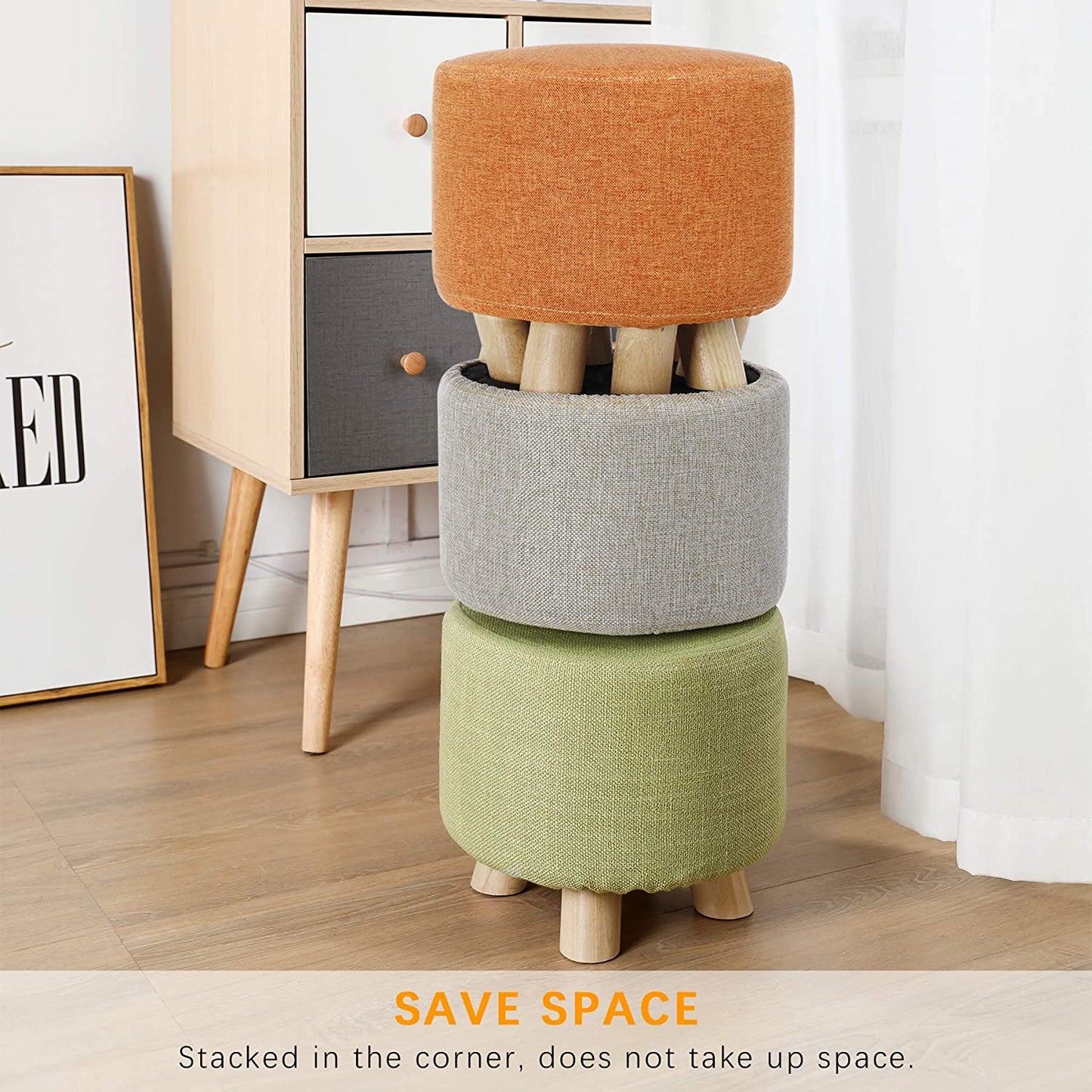 Round Ottoman Foot Rest Stool, Fabric Padded Seat with Non-Skid Wooden Legs and Removable Cover