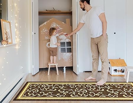 Floral Design Non Slip Rubber Back Kitchen Mat Carpet (Brown, Runner (2'x10')