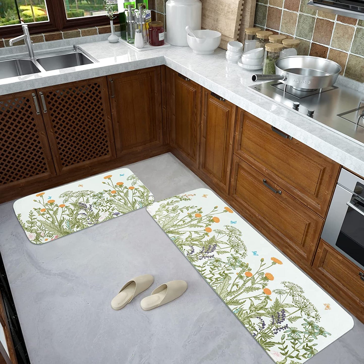 2 PCS Cushioned Floral, Flowers Anti Fatigue Kitchen Rugs - 18'' x 48'' + 18'' x 30''