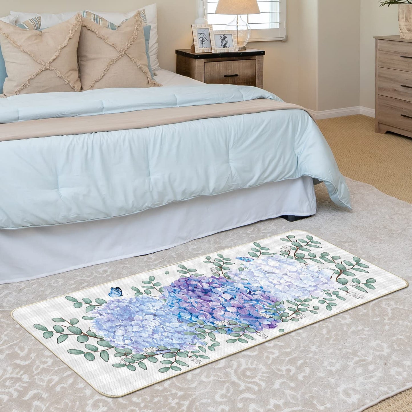 Buffalo Plaid Eucalyptus Hydrangea Spring Doormat, Summer Decor Low-Profile Switch Rug 17x47 Inch