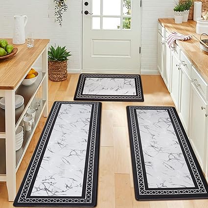Anti-Fatigue Black and White Modern Non Slip Washable, Cushioned Kitchen Mats, 18 x 30 Inch