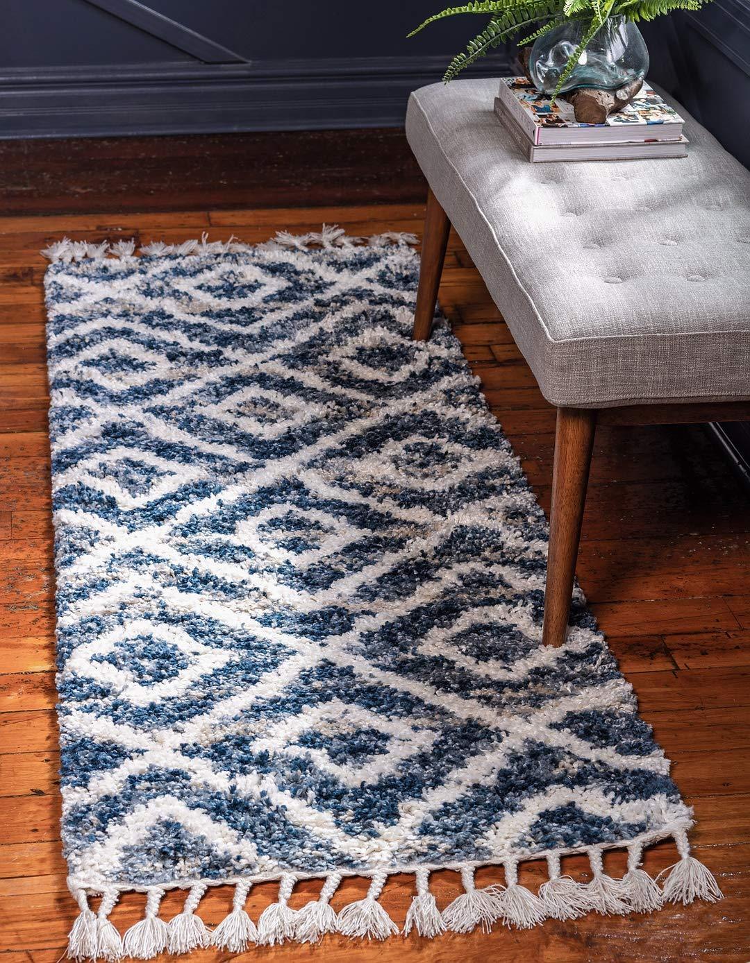 Lattice Tassel Blue Ivory Beige Plush Shag Area Rugs