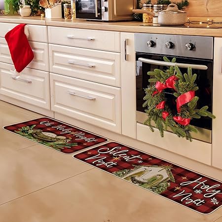 Anti-Slip O Holy Night Red Buffalo Plaid Christmas Kitchen Rugs Set of 2, 17x29 and 17x47 Inch