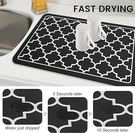 Dish Drying Mat Super Absorbent Drying Mat Large Dish Drying Mats for Kitchen Counter Easy clean Dish Mat Kitchen Drying Mat 15"x 18" Black