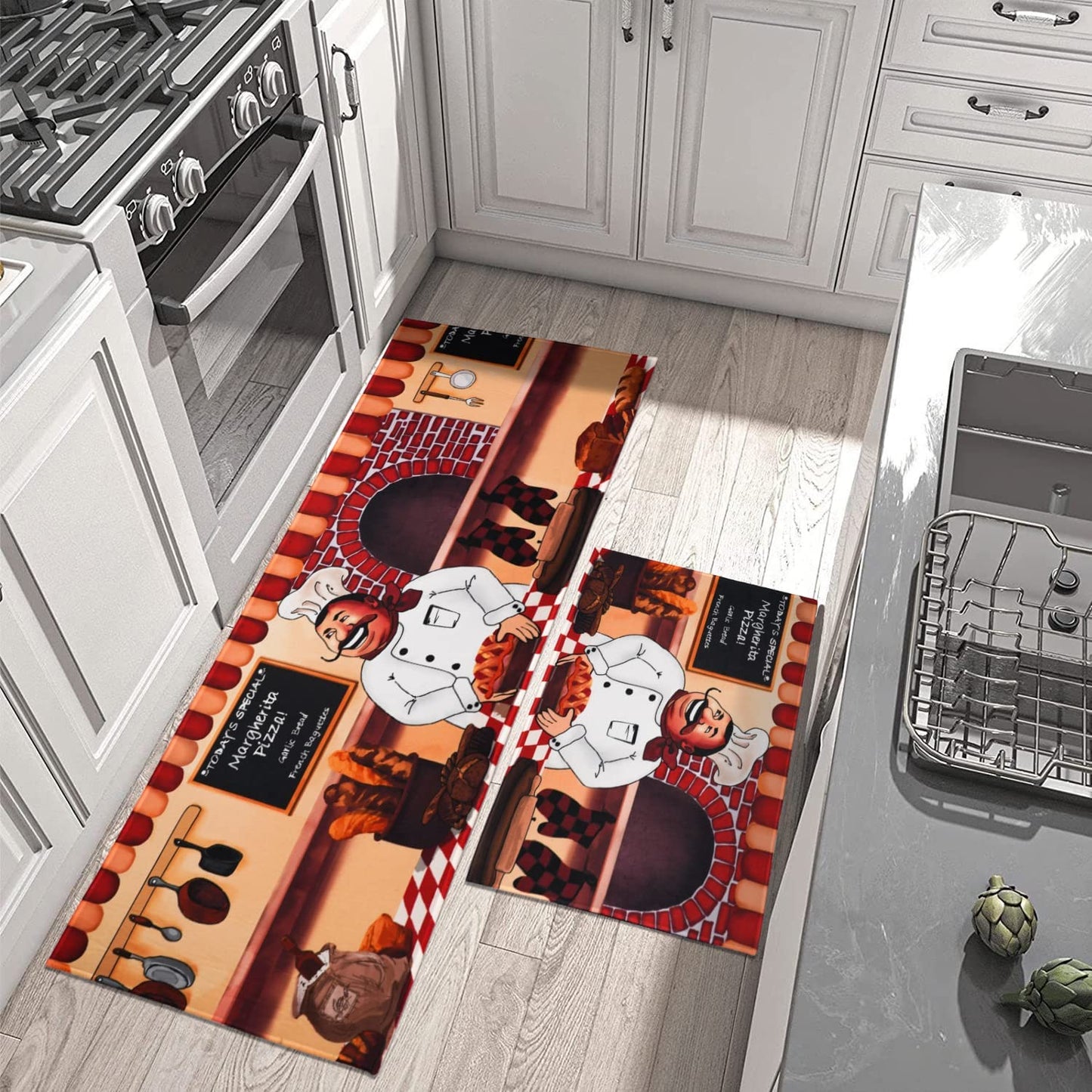 Vintage Mushroom Set of 2, Non Skid Washable Kitchen Mat - (17"x48"+17"x30")