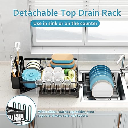 Compact Dish Rack for Kitchen Counter with Silicone Dish Drying Mat, Stainless Steel Dish Drainer for Kitchen Sink, Space Saving Plate Rack Cutlery Holder, Black