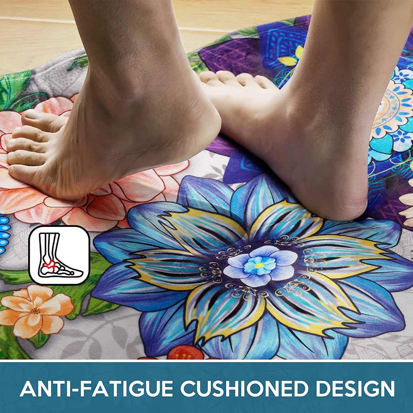 2 PCS Cushioned Floral, Flowers Anti Fatigue Kitchen Rugs - 18'' x 48'' + 18'' x 30''