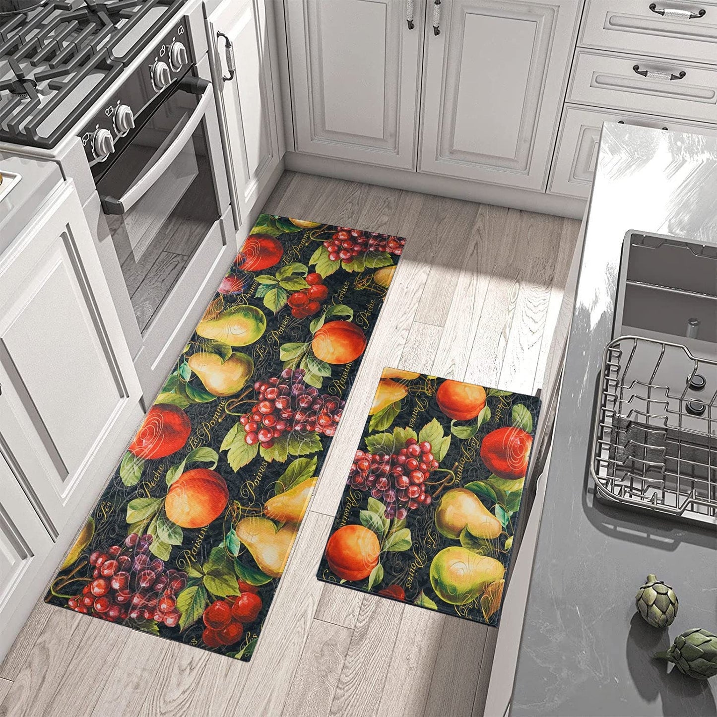 Vintage Mushroom Set of 2, Non Skid Washable Kitchen Mat - (17"x48"+17"x30")