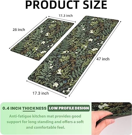 Black Green Botanical Kitchen Rugs Set of 2 2/5" Thick Leather Carpet for Laundry Office Sink(17.3" x28" + 17.3" x 47"