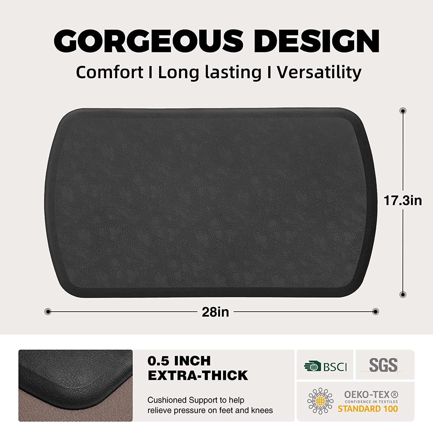 1/2 Inch Thick Cushioned Anti Fatigue Waterproof Kitchen Rug,17.3"x28"- Black