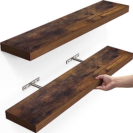 Set of 2 Wall Mounted Rustic Wood Shelves Decor with 22lbs Capacity (Rustic Brown)