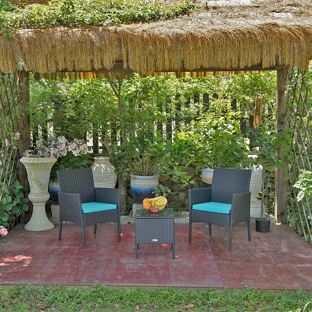 Rattan Patio Indoor/Outdoor Black/Blue Conversation Set - Chairs / Coffee Table