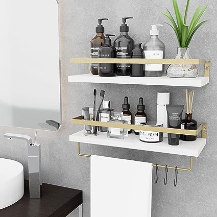 Home Decor Floating Shelves with Towel Bar/Hooks, (Gold-White)