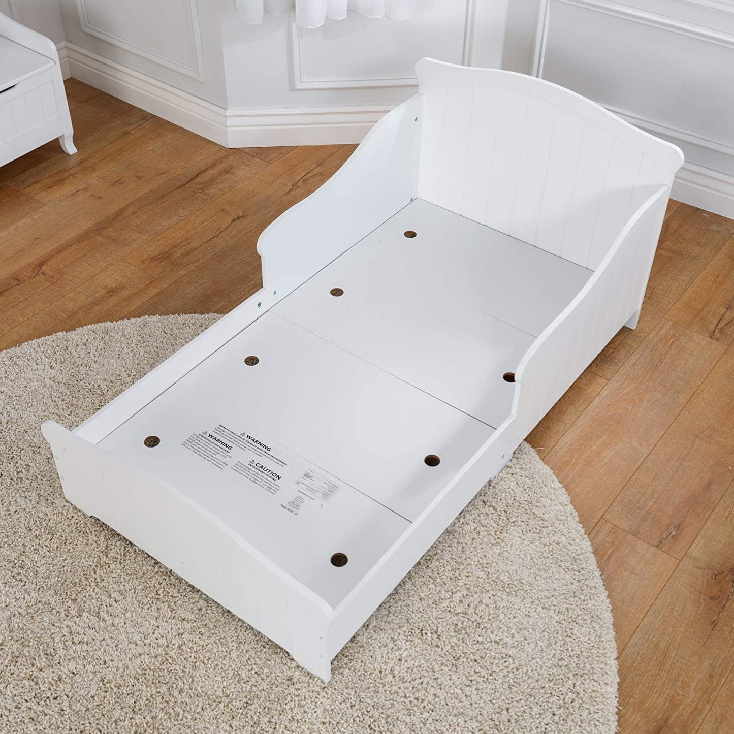 Wooden Toddler Bed with Wainscoting Detail and High Side Rails - White, Gift for Ages 15 mo+