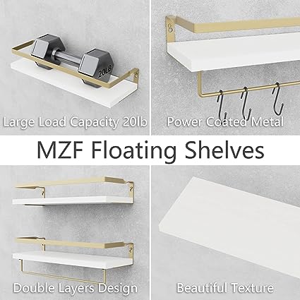 Home Decor Floating Shelves with Towel Bar/Hooks, (Gold-White)