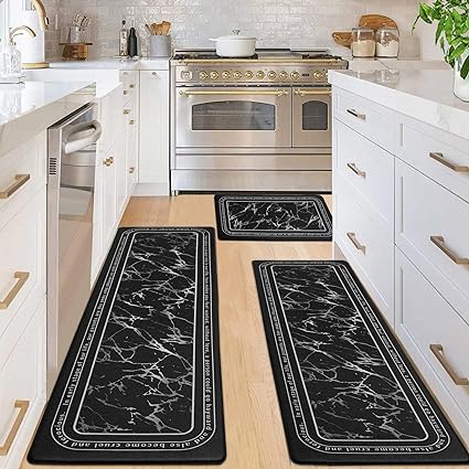 Anti-Fatigue Black and White Modern Non Slip Washable, Cushioned Kitchen Mats, 18 x 30 Inch