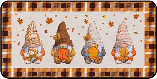 Fall Gnomes Non Slip Buffalo Plaid Cushioned Kitchen Floor Mat, 20 x 39 Inch
