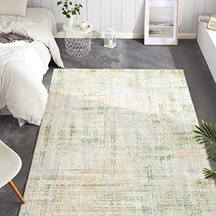 Entryway Abstract Distressed Green Multi Contemporary Carpet Print Chenille Thin Rug