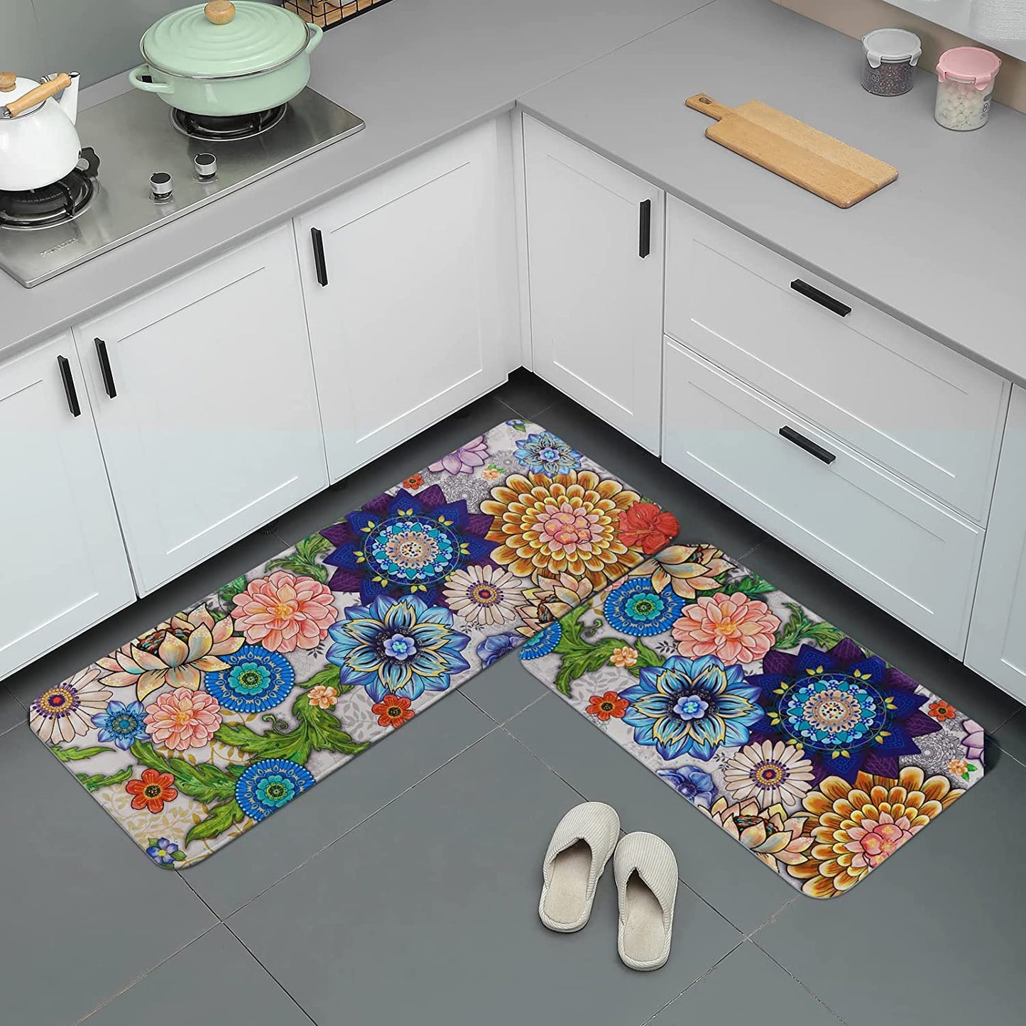 2 PCS Cushioned Floral, Flowers Anti Fatigue Kitchen Rugs - 18'' x 48'' + 18'' x 30''