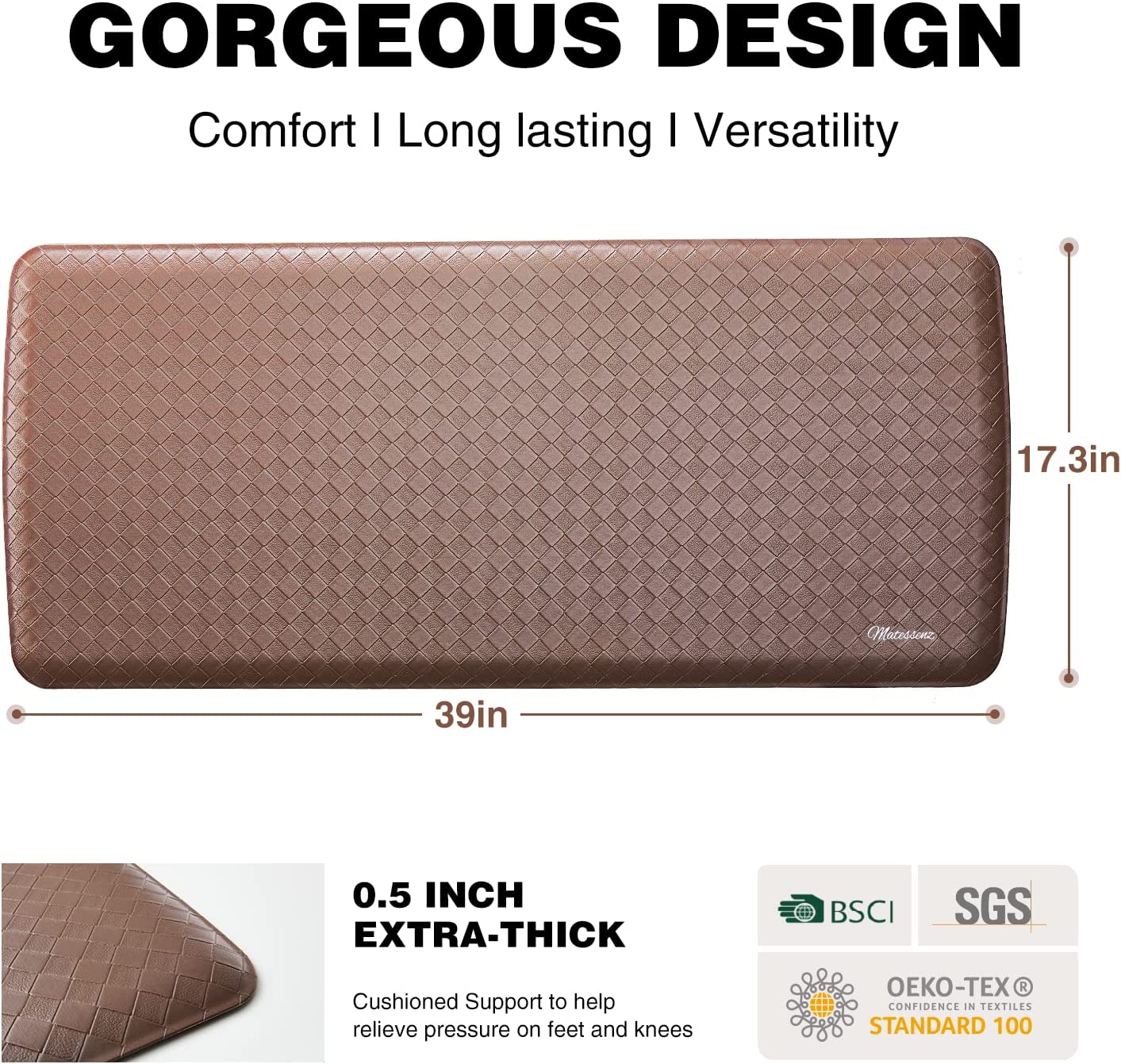 1/2 Inch Thick Cushioned Comfort Anti Fatigue Nonskid Waterproof Standing Desk Mat - (17.3X28'',Black)