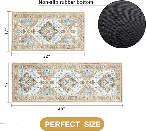 Set of 2 Non Slip Washable Absorbent Cushioned Floor Mats 17x32 + 17x48 inches, Black Gray