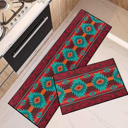 Mid Century Boho Home Kitchen Rugs and Mats Non Skid Washable Set of 2,