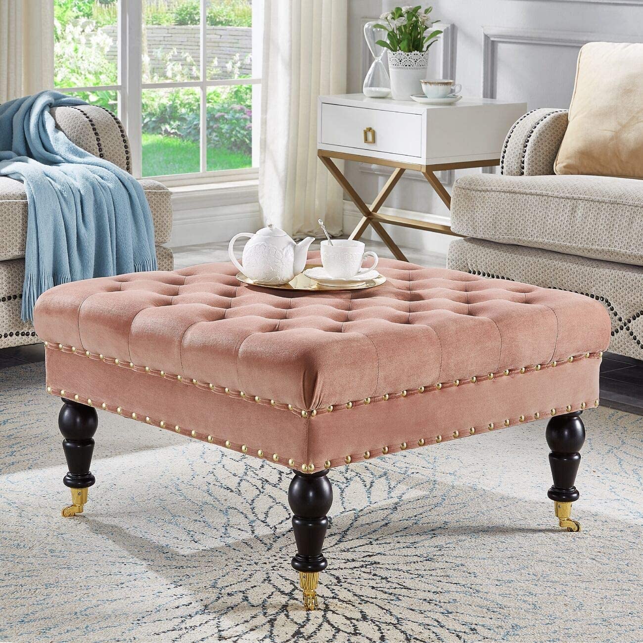 Tufted Button Linen Ottoman Coffee Table, Large Footrest with Caters Rolling Wheels