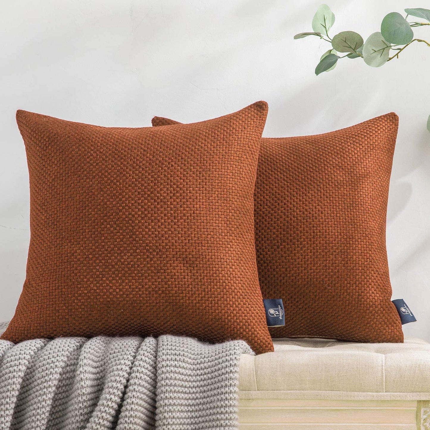 Set of 2 Classic Woven Textured Thick Solid Color Checker Plaid Square Throw Pillow Covers Cushion Cover Pillowcase for Couch Bed and Chair, Brown