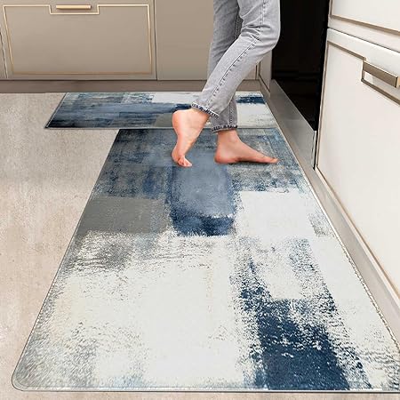 2 Pieces Abstract Anti Fatigue Non Slip Foam Cushioned Blue and Brown Art Painting Comfort Indoor Floor Mat, (17"x48"+17"x24")