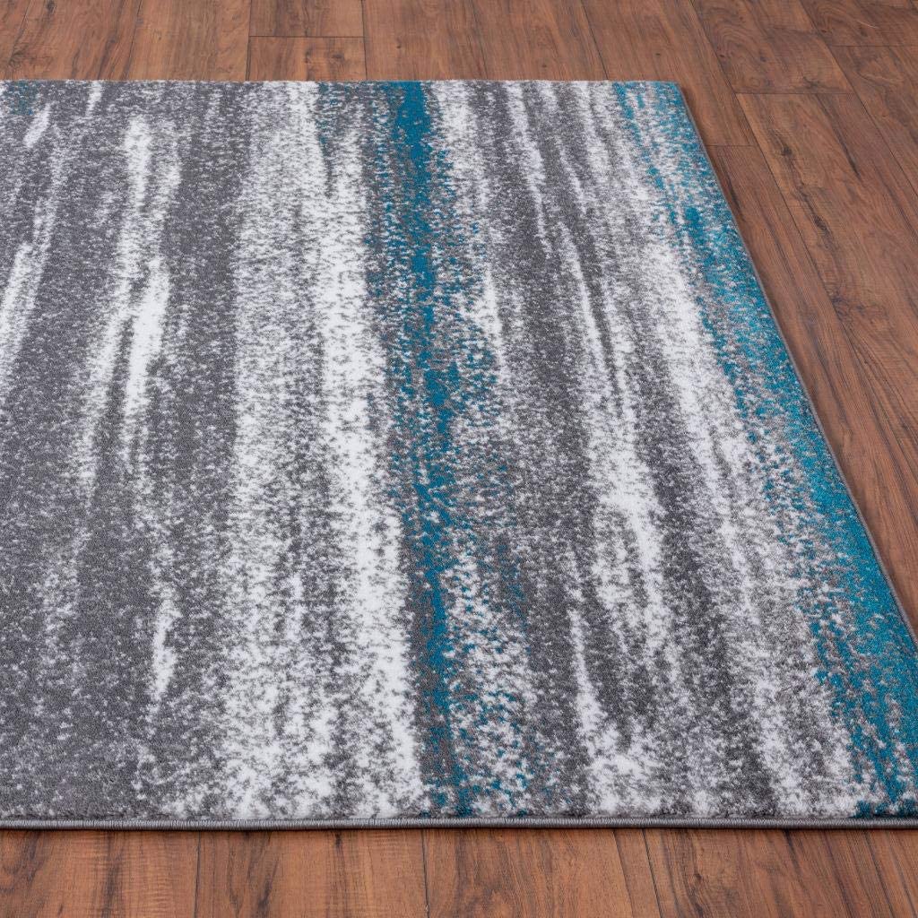 Modern Abstract Soft Ivory Grey Turquoise Area Rug