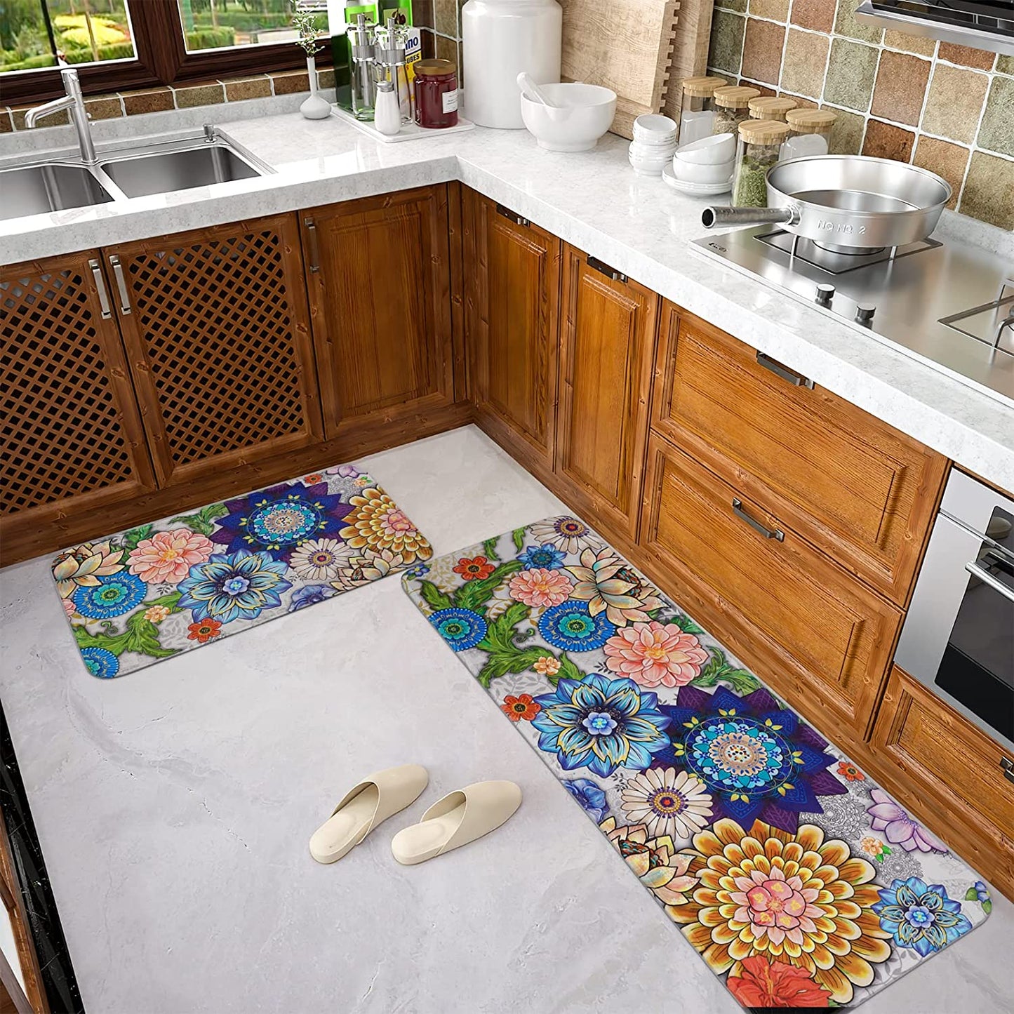 2 PCS Cushioned Floral, Flowers Anti Fatigue Kitchen Rugs - 18'' x 48'' + 18'' x 30''