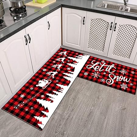 Set of 2, Let It Snow Santa Xmas Decor Red Buffalo Plaid Kitchen Mats, 17x29 and 17x47 Inch