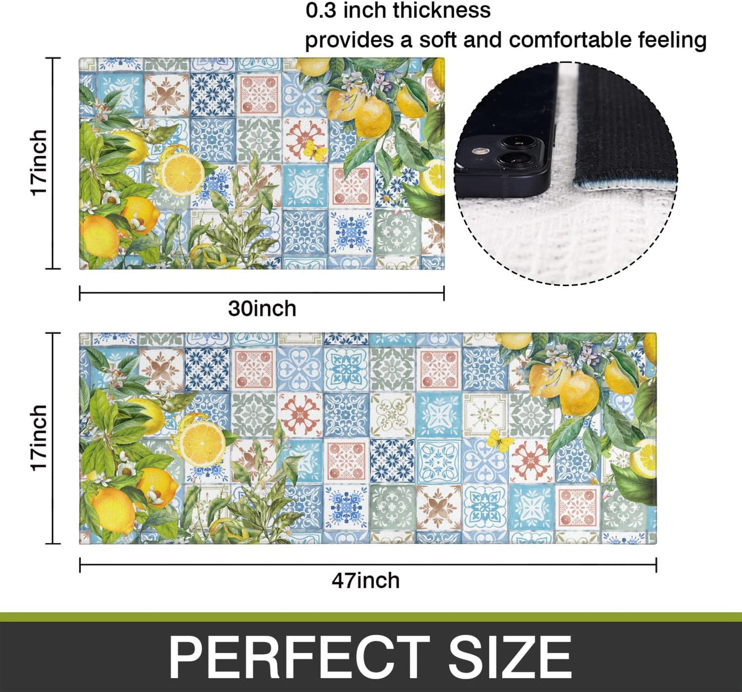 Vintage Mushroom Set of 2, Non Skid Washable Kitchen Mat - (17"x48"+17"x30")