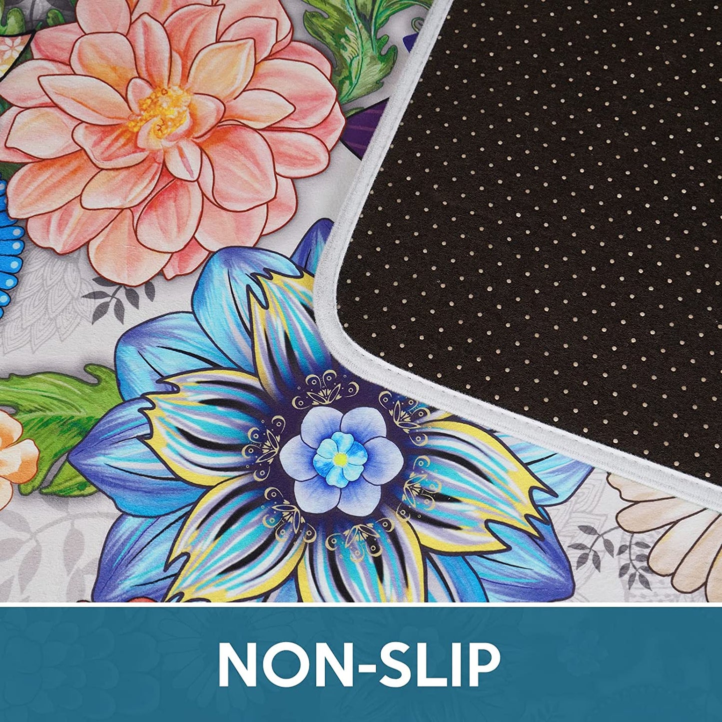 2 PCS Cushioned Floral, Flowers Anti Fatigue Kitchen Rugs - 18'' x 48'' + 18'' x 30''
