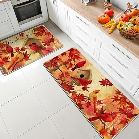It's Fall Y'all Cardinal Red Birds Kitchen Rugs Set of 2 - 17x29 and 17x47 Inch
