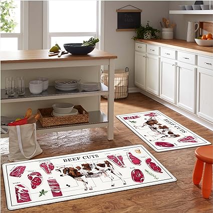 Farmhouse Kitchen Mat 2 PCS, 18'' x 48'' + 18'' x 30'', Beef Cuts