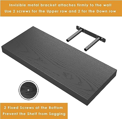 Floating Shelves Invisible Wall Mounted Set of 2, Retro Hanging Wall Decor Shelf 16 x 9 for Living Room, Bedroom, Bathroom, Kitchen (Black)