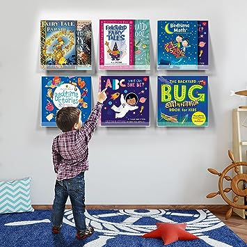 6 Pack 12 inch Clear Acrylic Album Record Holder Display, Kids Bookshelf, Floating Wall Shelves for Bathroom, Bedroom, Living Room, Kitchen