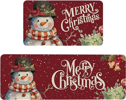 et of 2, Anti Fatigue Waterproof Stain Resistant Snowman Winter Decorative Non Slip Cushioned Floor Mat - 17x29 and 17x47 Inch