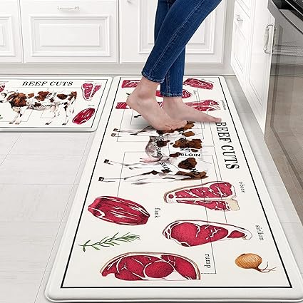 Farmhouse Kitchen Mat 2 PCS, 18'' x 48'' + 18'' x 30'', Beef Cuts