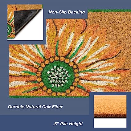 Natura Door Mat - Novelty Designs, Durable Natural Coir & Vinyl Back, Long Lasting Color, Foyers, Porches, Patios & Decks, Sunflower, 1'6" x 2'6"