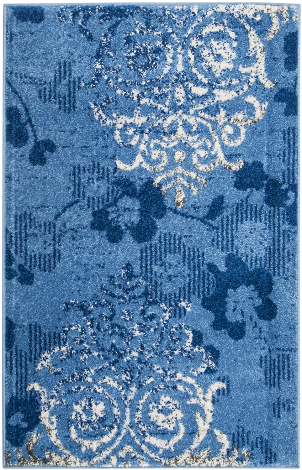 Light Blue and Dark Blue Contemporary Chic Damask Soft Area Rug